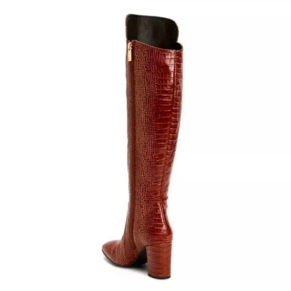 Aquatalia Brown Florina Croc Embossed Leather Over The Knee Boots/Booties